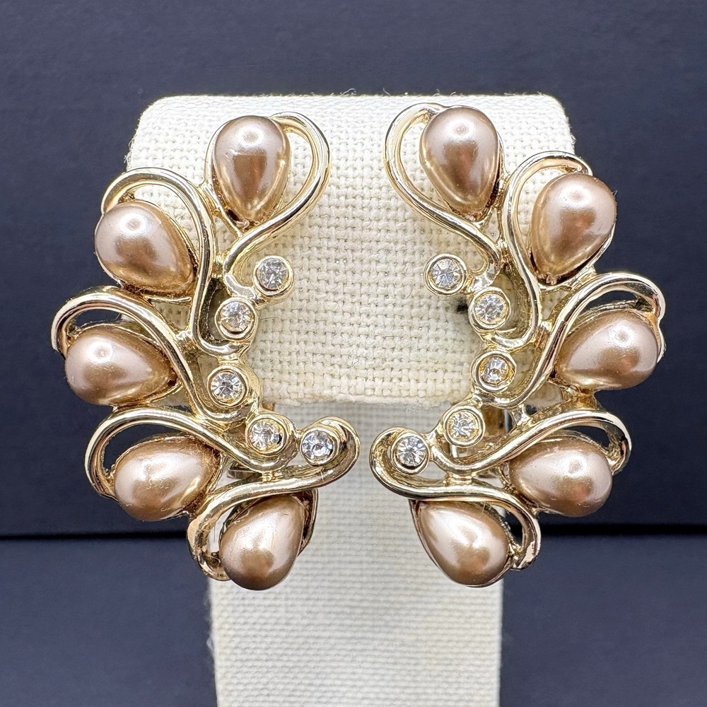 Vintage Sarah Coventry Faux Pearls Rhinestones Curved Gold Tone Clip On Earrings